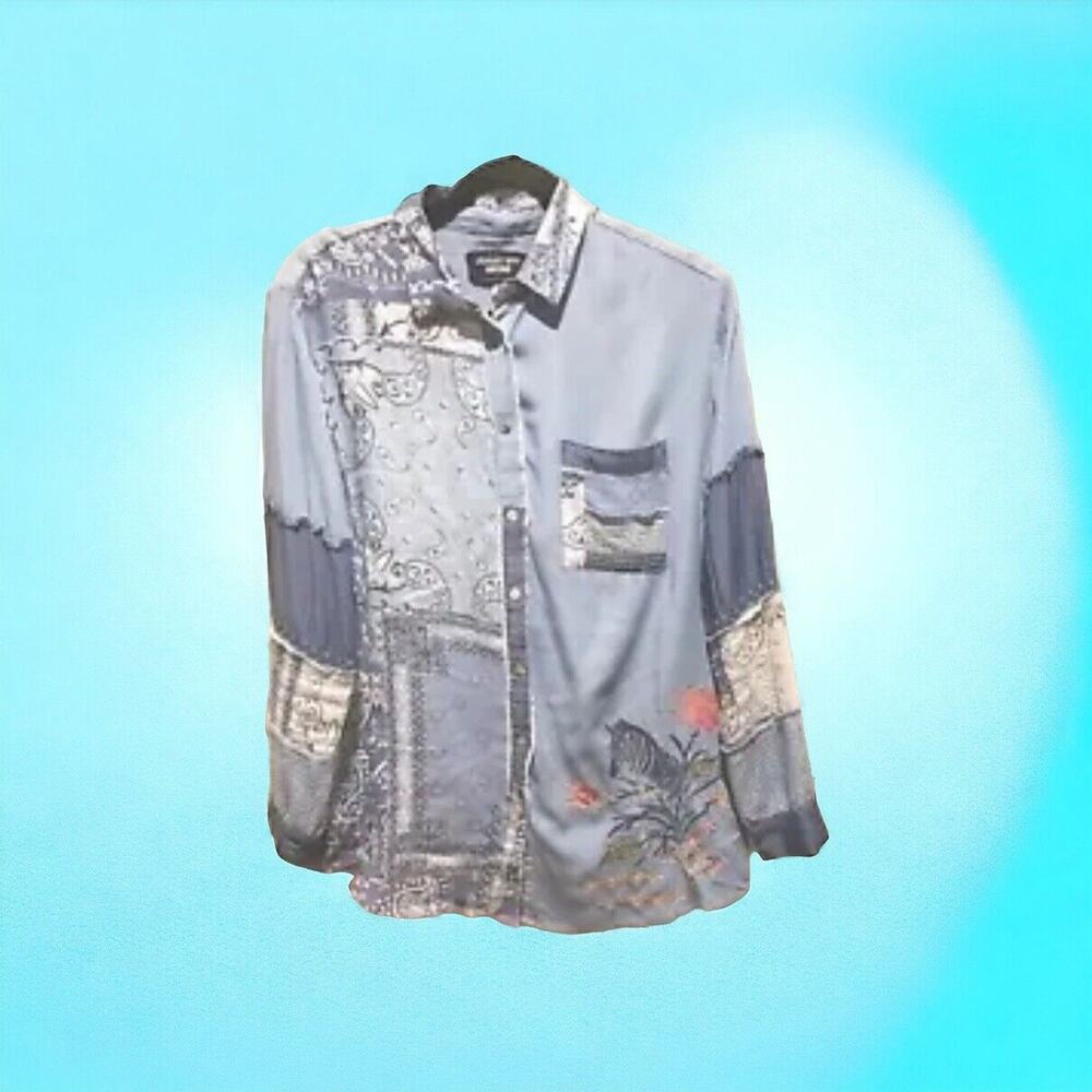 Johnny Was Women's Small Blouse Patchwork Bandana‎ Embroidered Zebra Top Shirt